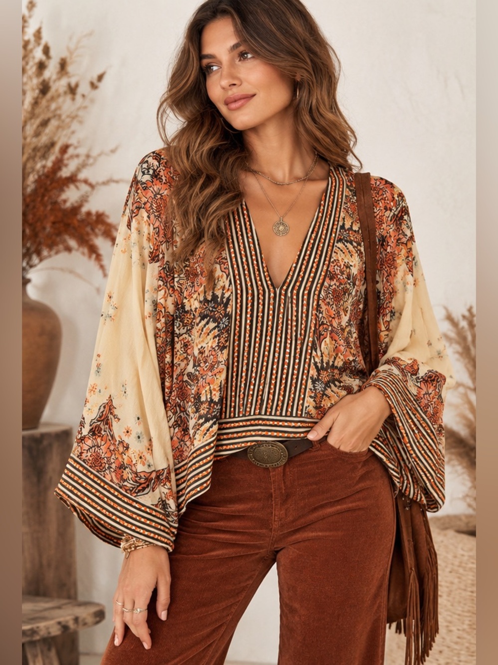 Free People Boho Floral Fall 70’s Retro V-Neck Long-Sleeve Top in Cream & Rust M